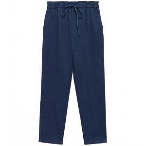 Mango 100% Cotton Chambray Elastic Waist Cotton Pants NWT Indie Night Blue XS